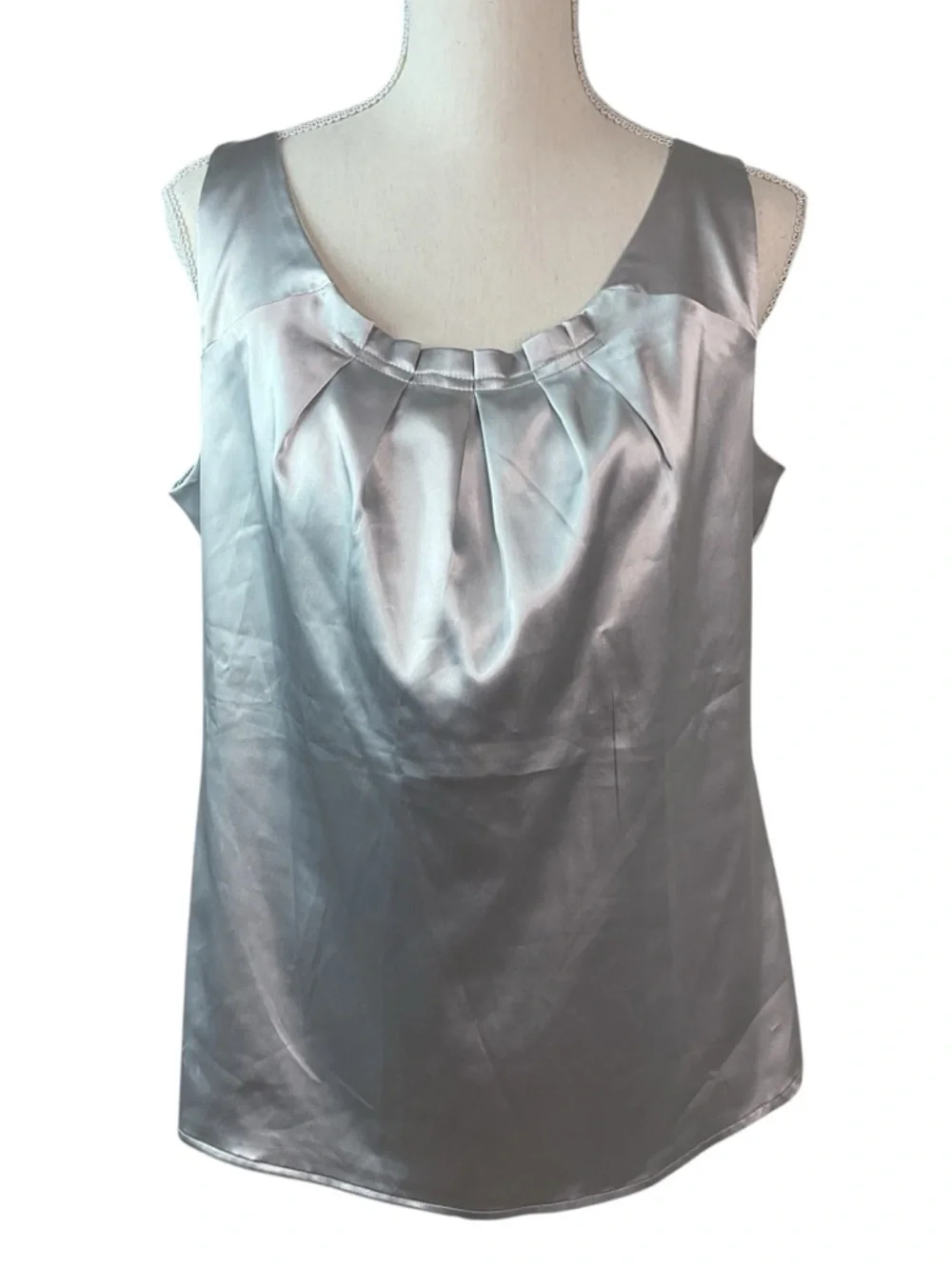 Essentials Sleeveless Satin Pleated Neck Shell Top - metallic Silver L - Picture 2 of 12